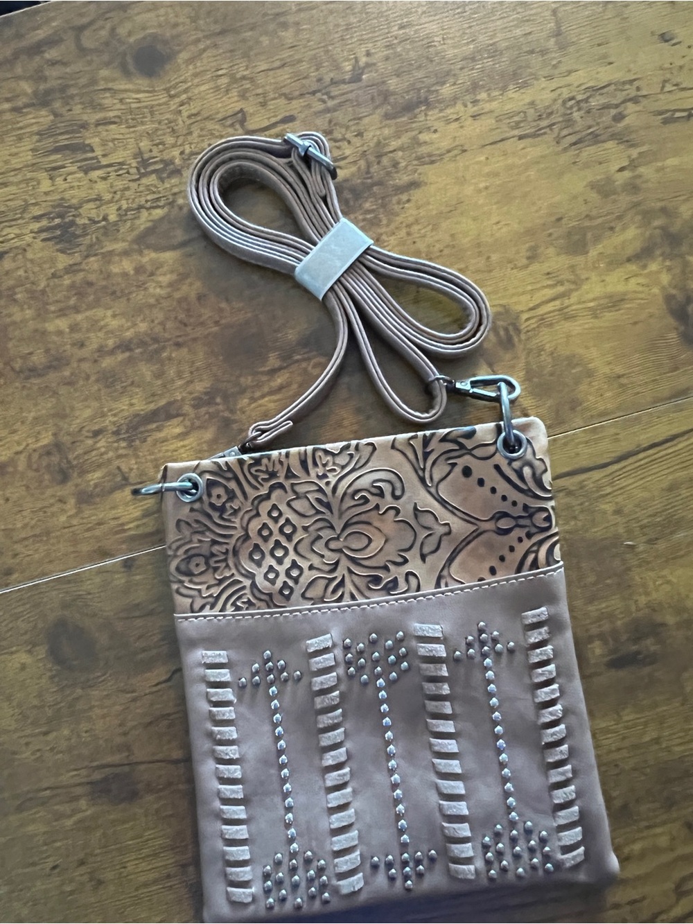 American bling Women's Tan Embossed Crossbody Bag with Stud Detail